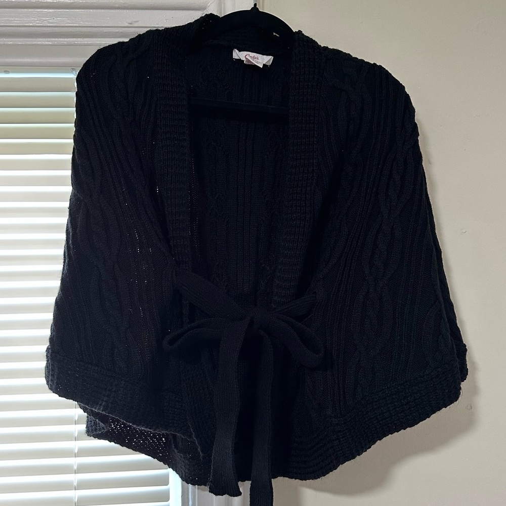 Candies Small Black Cable Knit Shawl with Tie Waist